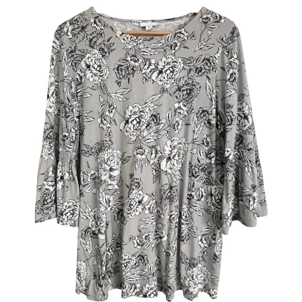 J. JILL Smocked Sleeve With Ruffle Tunic Top Women’s Sz. M Gray & White Floral